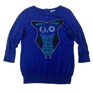 Cynthia Rowley Royal Purple Owl Sweater Sequins Round Neck Back Zip Cotton Sz M